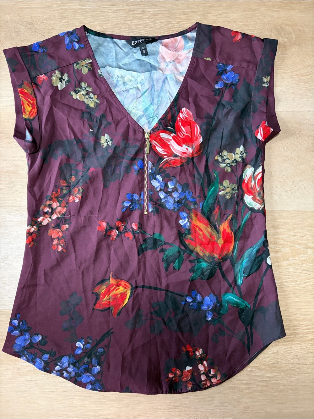Express Burgundy Floral V-Neck Zip Blouse
